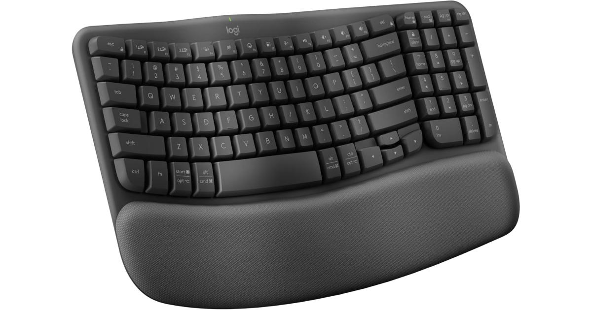 كيبورد Logitech Wave Keys , Bluetooth / Logi Bolt Receiver Connectivity, Ergo-Certified, More Palm-Support, 3-Layers Memory Foam, 2x AAA Battery, English-Arabic Layout, Graphite