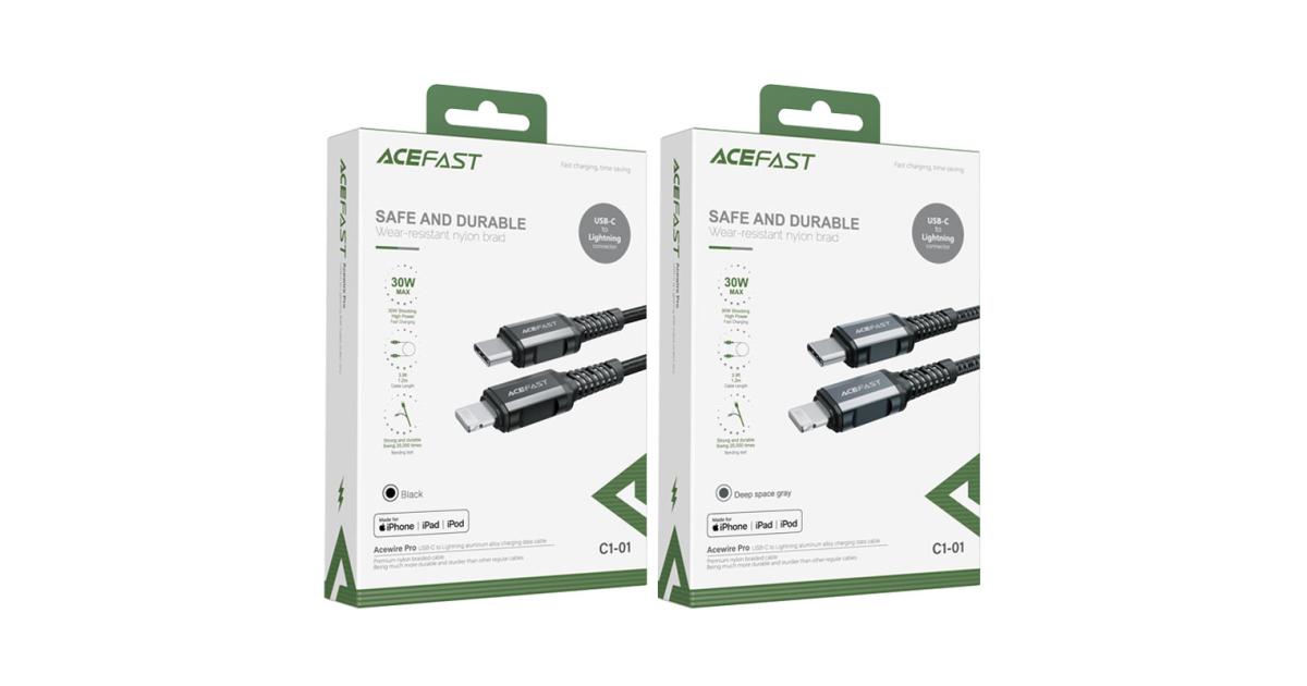 كابل شحن ACEFAST C7-03 1.2m 100W 5A USB-C to USB-C Fast Light Display Braided Data Cord - Black