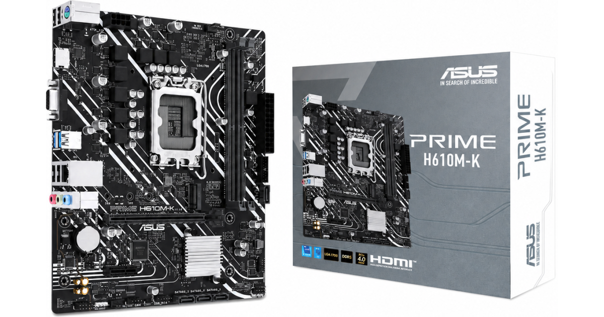 لوحة أم (Motherboard) ASUS Prime H610M-K DDR5 Micro-ATX LGA 1700 , Intel H610 Chipset, 2x DIMM DDR5 Slots, 96GB Max Memory, 1x M.2 Slot, 1x PCIe 4.0 x16 Slot, Realtek 1Gb Ethernet