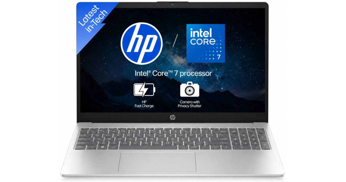 لابتوب HP 15-fd0099nq (2025) Intel Core 7 150U 10-Cores Slim Design w/ Fast Charging & DDR5 Memory - Natural silver & Blue Cover