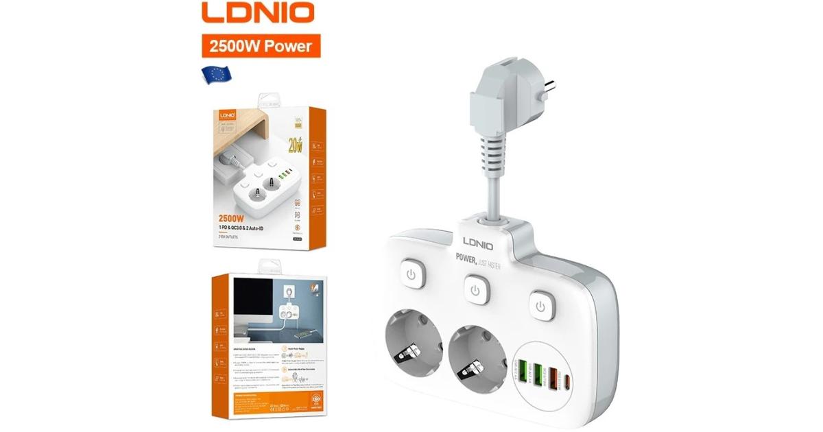LDNIO SE2435 2 AC Outlets Portable Electrical Extension & 20W USB-C PD Fast Charging & Multi-Device Protection EU Plug - White