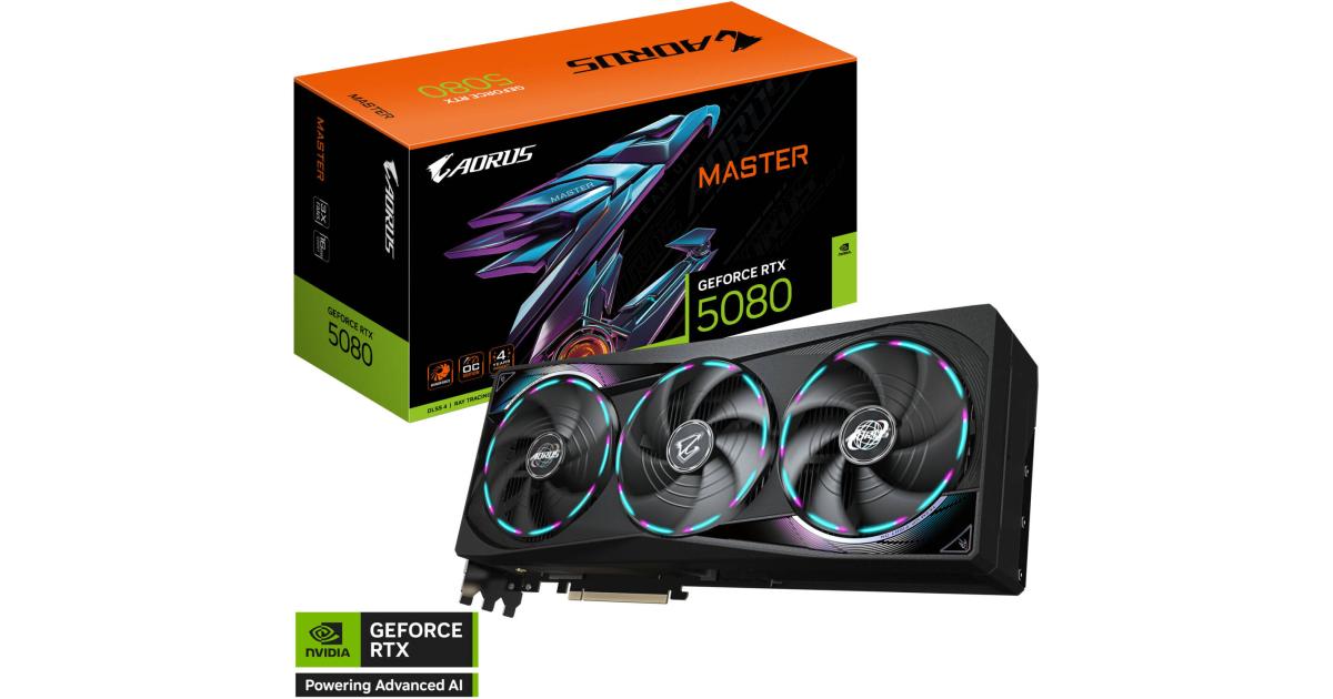 GIGABYTE AORUS GeForce RTX 5080 MASTER Graphics Card, 16GB GDDR7 256-Bit Memory, 2805 MHz Core Clock, 30 Gbps Memory Speed, PCI-Express 5.0