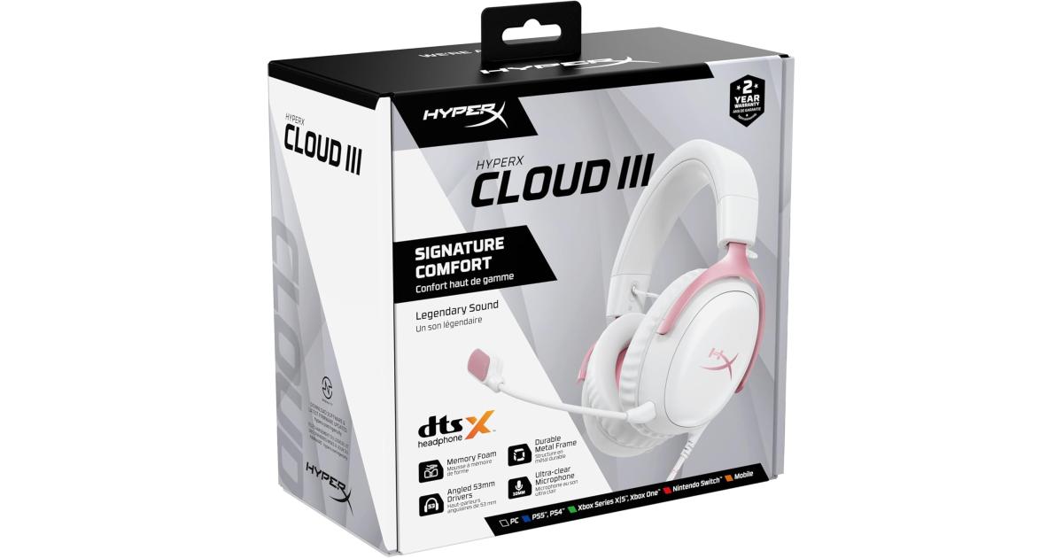 HyperX Cloud III Wired Angled 53mm Drivers DTS Memory Foam Durable Frame Ultra-Clear 10mm Mic USB-C & USB-A 3.5mm For PC, PS5, Xbox Series X|S - Pink