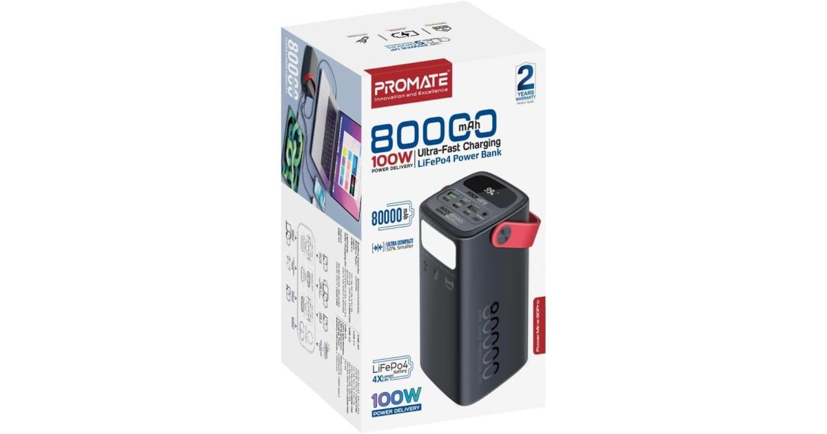 شاحن Promate PowerMine-80 Pro 80000mAh High-Capacity Battery 100W USB-C PD Fast Charging, 4 Outputs, 3 Inputs, Solar DC, Lightning, Digital Display, LED Light