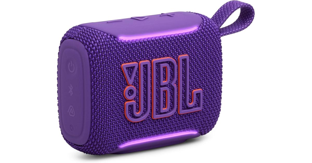 JBL Go 5 - Ultra-Portable Waterproof & Drop-Proof Speaker with JBL Legendary Sound & Ambient Edge Lighting, AirTouch Instant Stereo Pairing or Link Multiple Compatible Speakers via Auracast™ (Purple)