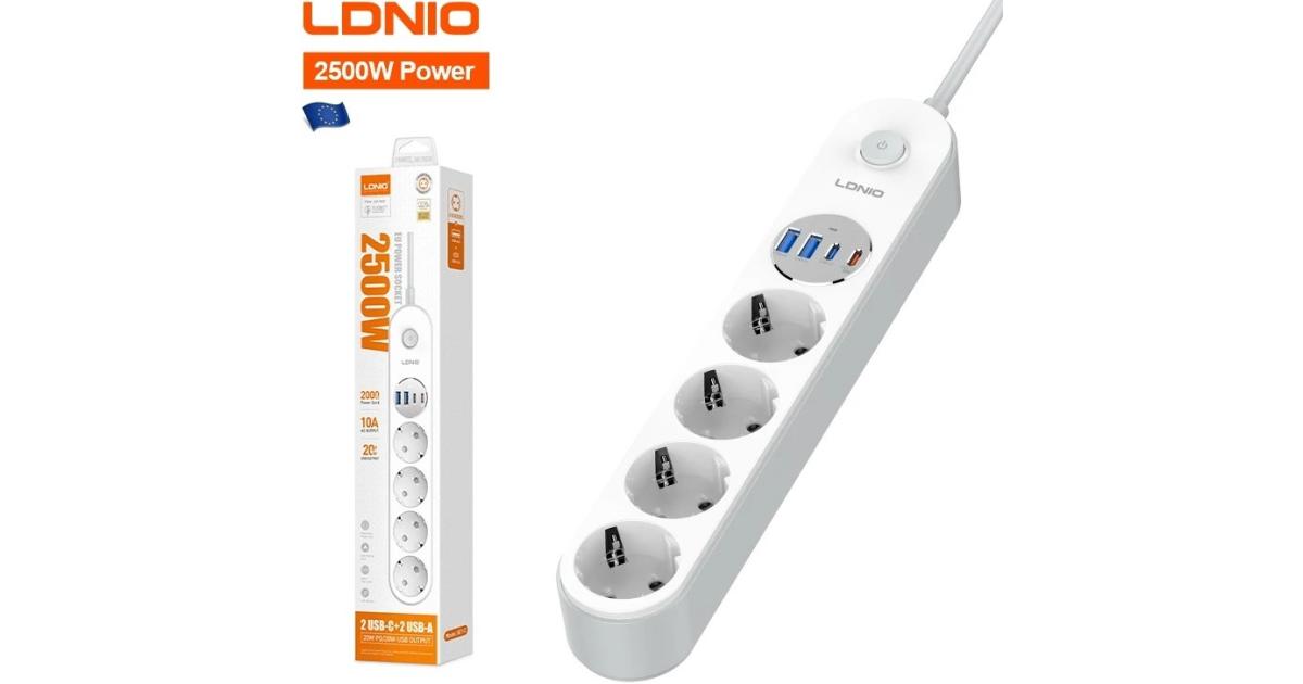 LDNIO SE1-C 20W PD Fast Charging Power Strip 4 EU Plug AC Outlets 4 USB Ports Extension Power Socket for Office Desktop EU Plug - White