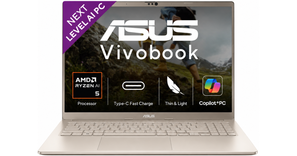 لابتوب ASUS Vivobook 14 (2026) M1407KA-LY174W | AMD Ryzen AI 5 330 | 16GB DDR5 | 512GB SSD | 14" WUXGA | Windows 11 Home | Platinum Gold