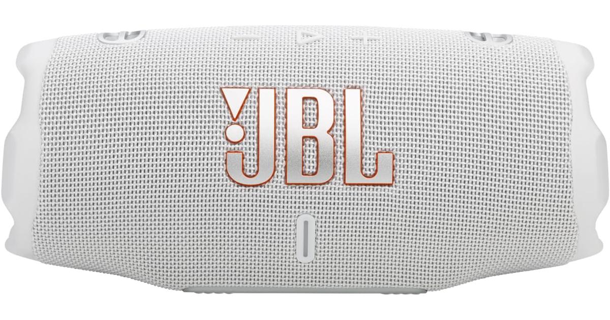 باور بنك (شاحن متنقل) JBL Charge 6 - Portable Waterproof & Drop-Proof Bluetooth Speaker, Bold Pro Sound with AI Sound Boost, 28Hrs of Playtime, Built-in & Comes with a Sturdy/Removable Carrying Strap - White