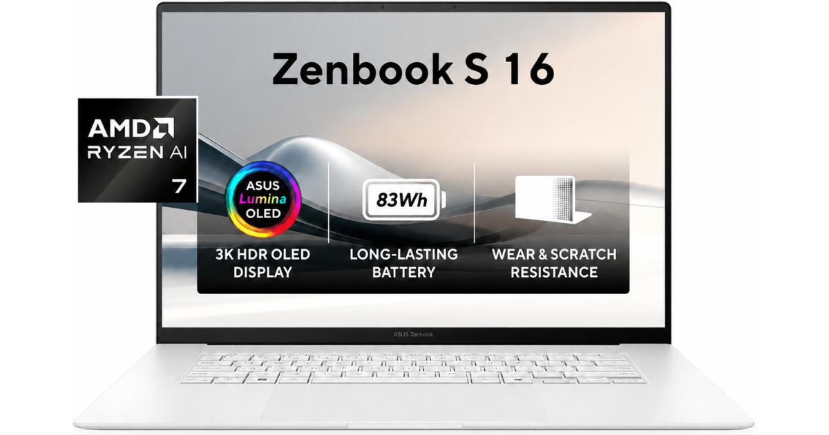 لابتوب ASUS Zenbook S 16 UM5606GA-SR137W AI | AMD Ryzen AI 7 445 | 32GB LPDDR5X | 1TB SSD | 16" 3K OLED Touch 120Hz | Windows 11 Home | Scandinavian White