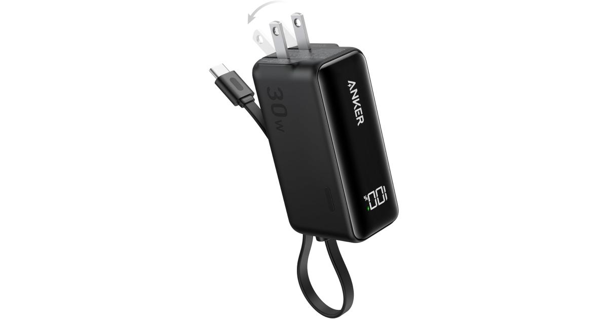 لابتوب آبل MacBook Anker Power Bank USB C Charger Block, 3-in-1 5,000mAh Portable Charger with Built-in USB-C Cable and Foldable AC Plug, 30W Max Compact Battery Pack, for iPhone 15 Series, Galaxy, , and More - Black