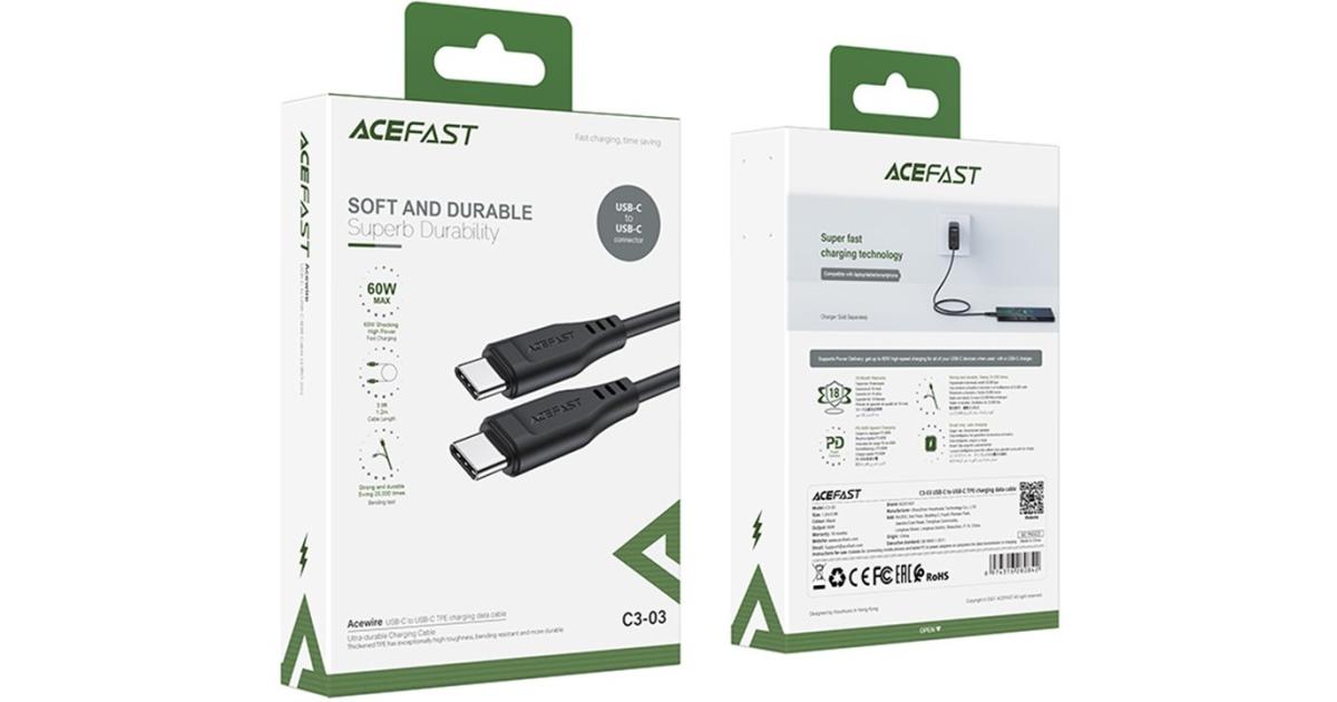 ACEFAST C3-03 for iPhone 15 Series 60W High Power USB-C to USB-C TPE Charging Data Cable 1.2m - Black