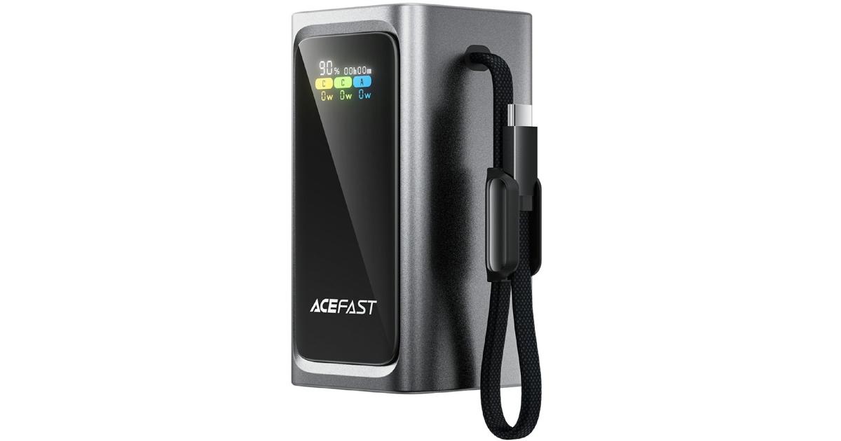 باور بنك (شاحن متنقل) ACEFAST M33 1.96 Inch TFT Display 20000mAh 100W Fast Charging Portable Charger Built-in Type-C Cable - Metal Grey