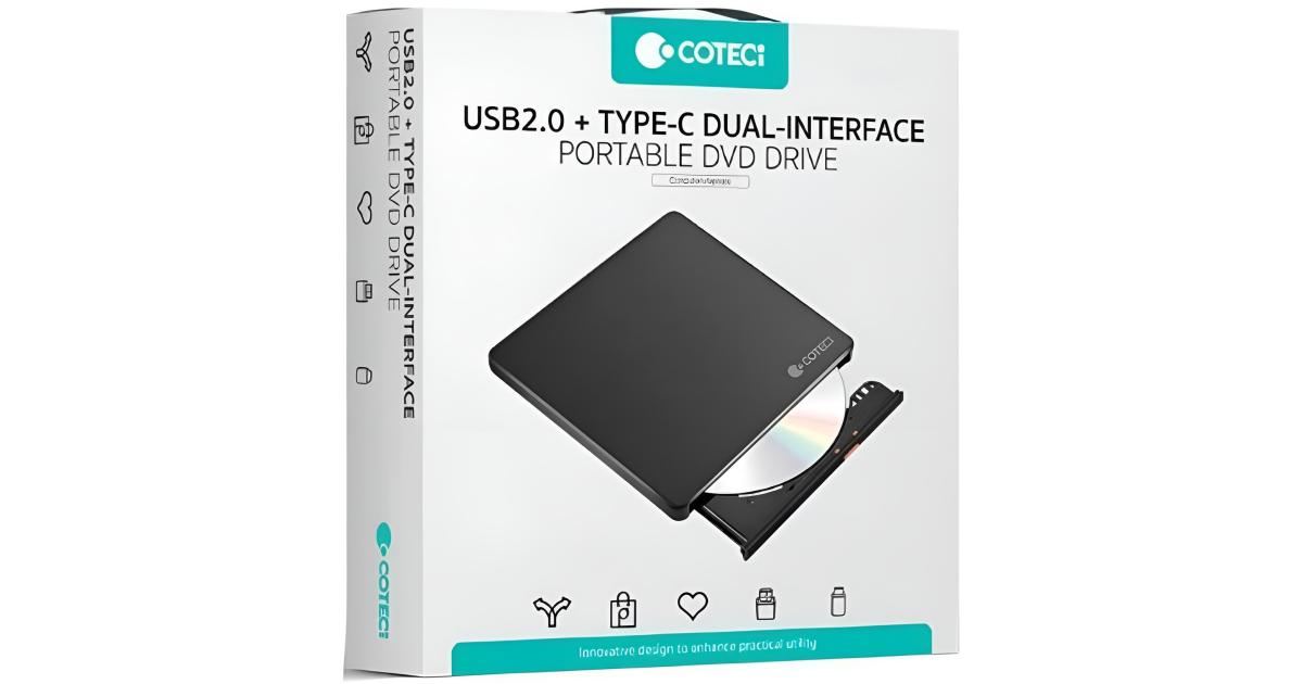 COTECi USB 2.0 + Type-C Dual Interface Mobile DVD Burning Optical Drive - Black