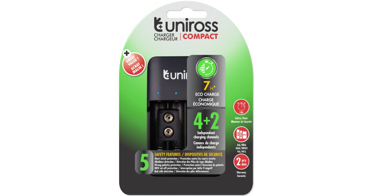 شاحن Uniross Compact Battery – AA/AAA/9V Compatibility, Includes 4× AA Rechargeable Batteries, USB‑C/Micro‑USB Input, Full Safety Protection, Eco‑Friendly Packaging