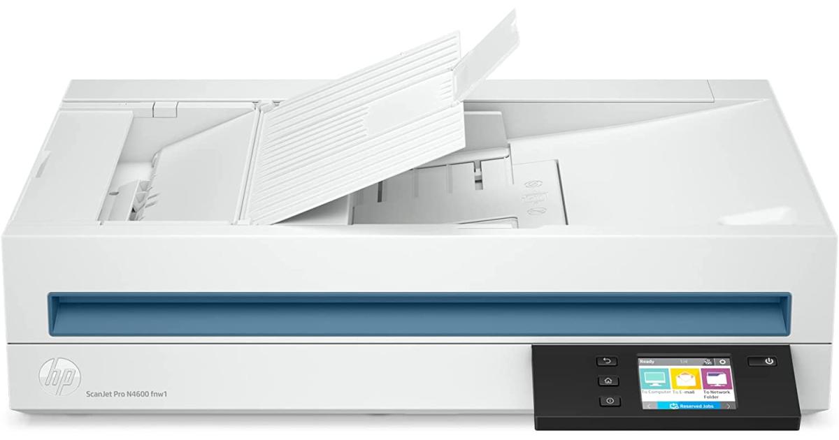 ماسح ضوئي مسطح HP ScanJet Pro N4600 FNW1، دقة مسح ضوئي تصل إلى 1200 نقطة في البوصة، سعة وحدة تغذية المستندات 100 ورقة، دورة تشغيل 6000 صفحة، اتصال Wi-Fi / USB / Ethernet، أبيض