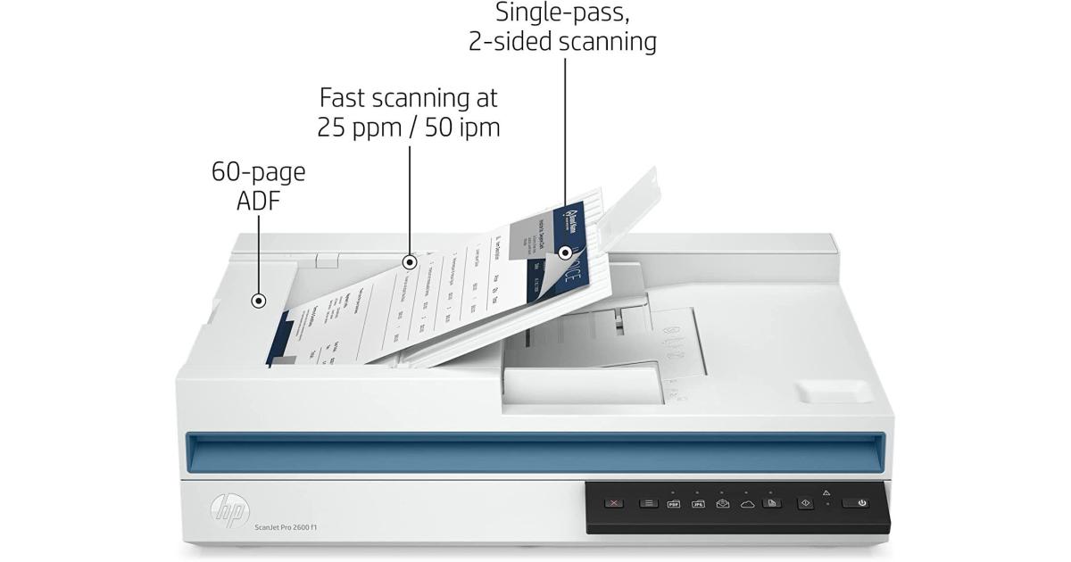 ماسح ضوئي HP ScanJet Pro 2600 F1 سريع على الوجهين يصل إلى 25 صفحة في الدقيقة، ووحدة تغذية تلقائية للمستندات