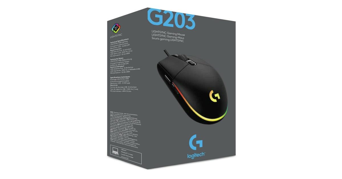 لابتوب Logitech G203 Wired Gaming Mouse, 8,000 DPI, Rainbow Optical Effect LIGHTSYNC RGB, 6 Programmable Buttons, On-Board Memory, Screen Mapping, PC/Mac Computer and Compatible - Black