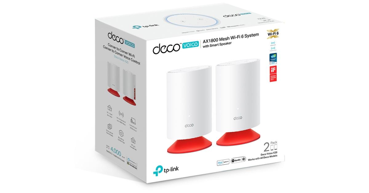 راوتر Wi-Fi 6 TP-Link Deco Voice X20 AX1800 Mesh , 2x Gigabit WAN/LAN Ethernet Ports, Alexa Built-in, Integrated Smart Speaker, 5GHz & 1201Mbps, Dual-Band, White (2Pack)