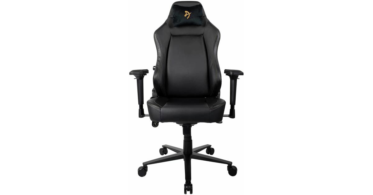 Arozzi Primo Premium PU Leather Gaming Chair Office Chair with Recliner Swivel Tilt Rocker Adjustable Height 4D Armrests Neck Pillow and Built-in Lumbar Adjustment - Black with Gold Accents