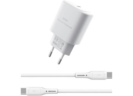WIWU Wi-G008 30W Essen Series GaN Tech PD Fast Charging Adapter with Type-C to Type, White - 18 Month Warranty
