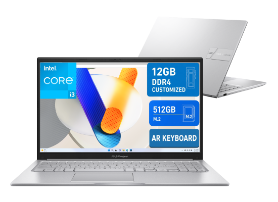 لابتوب ASUS Vivobook 15 (F1504VA) |Intel® Core™ i3-1315U Processor, 12GB DDR4 (Customized), 512GB SSD, 15.6" FHD IPS | 13th Generation - Cool Silver