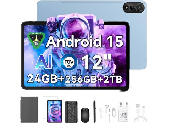 رام Blackview 12 inch MEGA 2 Tablet Best Android 15, Large Tablets with FHD+ 2K Display, 8+16GB + 256GB ROM, 4G SIM, 5G WiFi, 9000mAh, Pen & Case, Octa-core Unisoc T615, Widevine L1, Google GMS - Ice Blue