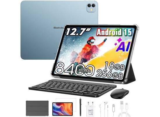 رام Blackview Link 8 Android 15 Tablet, 12.7" Large Screen Gaming Tablet with Pen, Helio G100, 6+12GB , 256GB, 90 Hz, 2K+, 3 AI Cameras, 5G Wi-Fi, w/ Keyboard, Mouse, Stylus, Earphones, Screen Protector, Back Cover - Dawn Blue