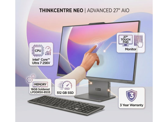 Lenovo ThinkCentre neo 50a 27 Gen 6 – 27" FHD Touch AIO Desktop, Intel Core Ultra 7 256V, Integrated Intel Arc Graphics, 16GB LPDDR5X, 512GB PCIe 4.0 SSD, Harman Speakers, 5MP Camera, Wi‑Fi 6 & Ethernet, Luna Grey - 3 Year Warranty
