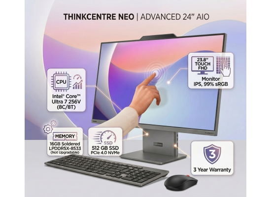 Lenovo ThinkCentre neo 50a 24 Gen 6 - 23.8 بوصة FHD Touch AIO Desktop، Intel Core Ultra 7 256V، رسومات Intel Arc مدمجة، 16 جيجابايت LPDDR5X، 512 جيجابايت PCIe 4.0 SSD، مكبرات صوت Harman، كاميرا 5 ميجابكسل، Wi-Fi 6 & Ethernet، لونا جراي - ضمان لمدة 3 سنوات