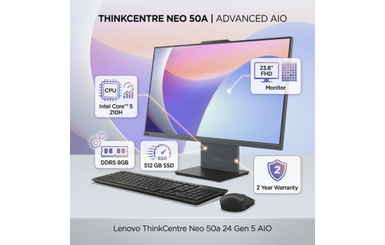شاشة Lenovo ThinkCentre Neo 50a 24 Gen 5 AIO/All-in-One, Intel Core™ 5 210H, 8GB DDR5, 512 GB SSD, 23.8" FHD , Luna Grey - 2 Year Warranty