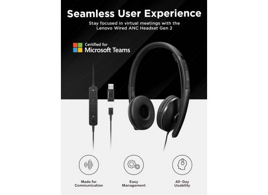 سماعة رأس Lenovo Wired ANC Gen 2 (Teams) – Active Noise Cancellation, EPOS BrainAdapt & ActiveGard Tech, Zoom Certified, USB‑C Plug‑and‑Play, Lightweight, Customizable Hearing Protection