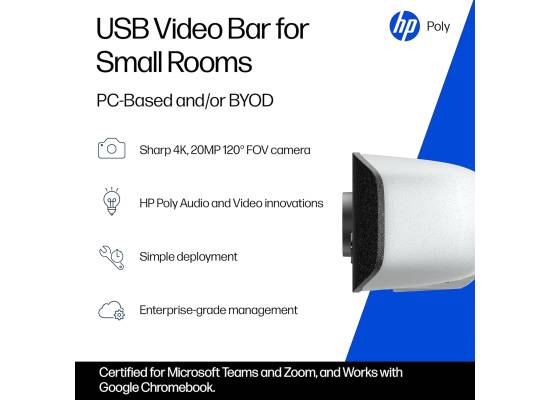 HP Poly Studio V12 USB Video Bar – 20MP 4K UltraHD Camera, 120° FOV, AI DirectorAI, Beamforming Microphones, USB‑C Connectivity, Poly Lens Remote Management