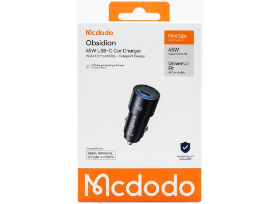 شاحن سيارة Mcdodo Obsidian 45W USB-C – Super Fast Charging 2.0 – Mini Size – 18 Months Warranty