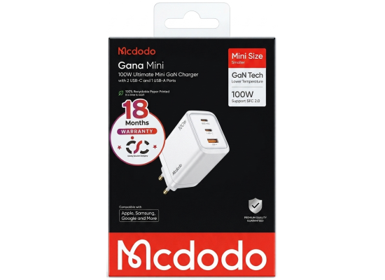 شاحن حائط Mcdodo Gana Mini 100W GaN Fast , 3 Ports (2 USB-C, 1 USB-A), Supports Samsung SFC 2.0, White - 18 Months Warranty