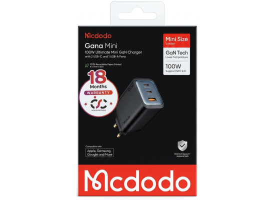 شاحن حائط Mcdodo Gana Mini 100W GaN Fast , 3 Ports (2 USB-C, 1 USB-A), Supports Samsung SFC 2.0, Black - 18 Months Warranty