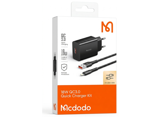 Mcdodo 18W QC3.0 Fast Wall Charger Kit with Lightning Cable, Black - 18 Months Warranty