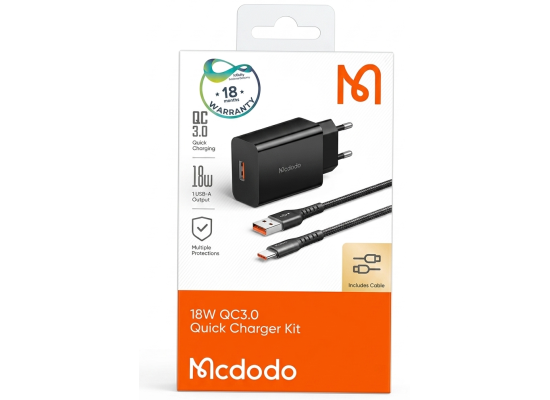 Mcdodo 18W QC3.0 Fast Wall Charger Kit with USB Type C Cable - Black - 18 Months Warranty