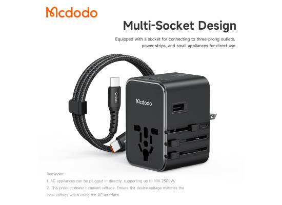 Mcdodo 327 45W International Travel Charger 3 USB-C + 2 USB +AC PD3.0 PPS SFC2.0 Fast Charging with Nylon Cable US/EU/UK/AU - 18 Months Warranty