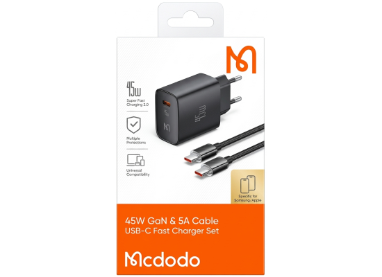 Mcdodo 45W GaN Fast Charger Set with 5A USB-C Cable (1.2m) - Super Fast Charging 2.0 - Black - 18 Months Warranty