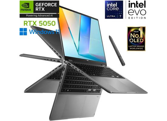 لابتوب ASUS Vivobook 16 Flip (TP3607SH), Intel® Core™ Ultra 7 256V, NVIDIA® GeForce RTX™ 5050 8GB GDDR7, 16GB LPDDR5X, 1TB SSD NVMe, 16" 3K OLED Touch w/ SA203H Pen, Thunderbolt 4, Wi-Fi 7, BT 5.4, Windows 11 Home - Matte Gray