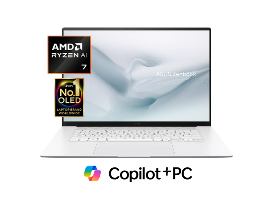 لابتوب ASUS Zenbook S 16 – AMD Ryzen AI 7 445, Radeon Graphics, 32GB LPDDR5X, 1TB PCIe 4.0 SSD, 16" 3K OLED HDR True Black 1000 Touch, Wi‑Fi 7, 83Wh Battery, Ceraluminum™, Windows 11 Home - Scandinavian White
