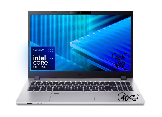 لابتوب أعمال Acer Travelmate Professional 2 15, Intel Core Ultra 7 255U, 16GB DDR5, 1TB SSD, 15.6" FHD Display, Finger Print Reader, microSD Reader, USB4, 3 Year Warranty - Sliver