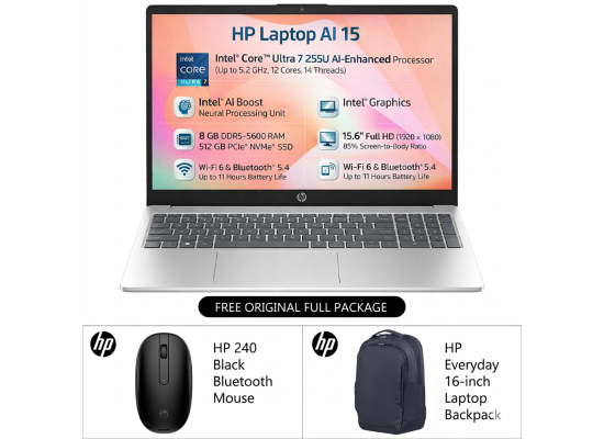 لابتوب أعمال HP AI 15-fd2022ne, Intel Ultra 7 255U 5.2GHz 12 Cores, 8GB DDR5, 512GB PCIe SSD, 15.6" FHD, WiFi 6, BT 5.4 - Natural Silver
