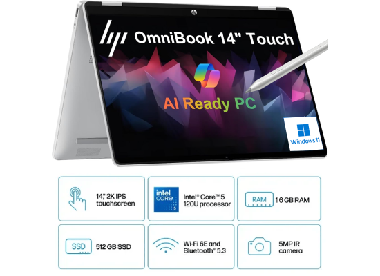 لابتوب HP OmniBook 5 Flip 14 inch PC 14-fp0045ne, Intel® Core™ 5 120U 5.0 GHz, 16 GB LPDDR5-5200, 512 GB PCIe®, 14-inch diagonal, 2K (1920 x 1200) IPS Touch w/ HP Rechargeable MPP 2.0 Tilt Pen - Windows 11 Home - 3 Year Warranty