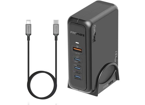 Promate Laptop Charger with QC 3.0 USB Port, 140W, 100W and 30W USB-C 3.1 PD Ports, GaNPort-140W