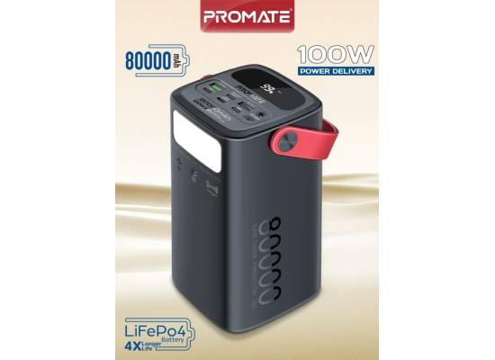 باور بنك (شاحن متنقل) Promate 80000mAh , 100W USB-C PD Fast Charging, 4 Outputs, 3 Inputs, Solar DC, Lightning, Digital Display, LED Light Portable Charger Power Station PowerMine-80Pro