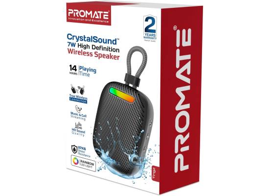 Promate Tingz CrystalSound Wireless Bluetooth 5.4 Speaker, 7W Loud Stereo Sound, RGB Light Modes, Waterproof IPX6, TWS Dual Pairing, TF/USB/AUX/FM, Built-in Mic, 1800mAh Battery, 10M Range Black