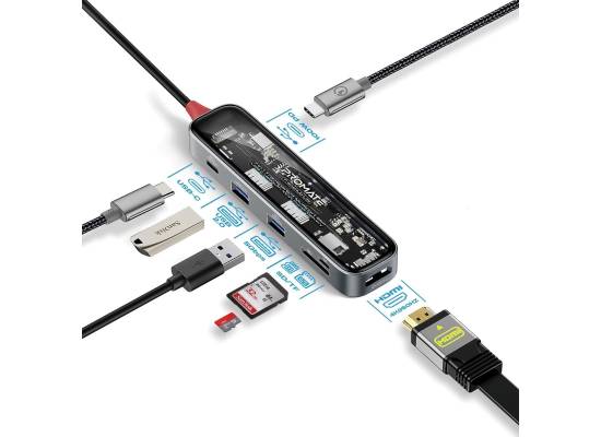 Promate TransHub-Lite USB-C Hub, 7-in-1 Multi-Display with 4K HDMI, 2TB SD/TF Card Slot, Dual 5Gbps USB-A, 100W USB-C PD for MacBook Pro, Dell Laptops
