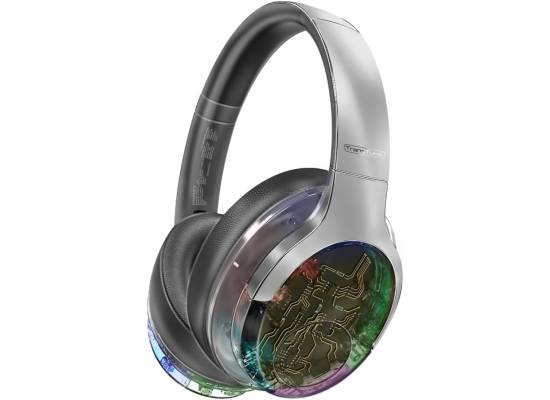 سماعة رأس Promate Wireless Headphones, Hi-Fidelity Transparent ANC Bluetooth v5.3 , RGB Lights, Mic, Foldable Design, 40H Playtime, 600mAh Battery, 3.5mm Jack for iPhone15, Galaxy S25, TRANSTUNE.SILVER