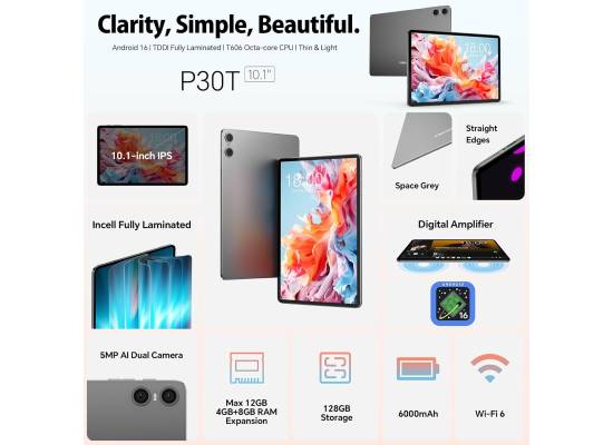 رام معالج TECLAST P30T Android-15-Tablet 10.1 Inch Tablet 10 Accessories, 12GB +128GB ROM(TF 4TB), 2GHz Octa-Core , 6000mAh Battery, Tablet with Keyboard + Mouse + Case + Protective Screen + Stylus Pen + Stand + Headphones + Camera Shutter + OTG